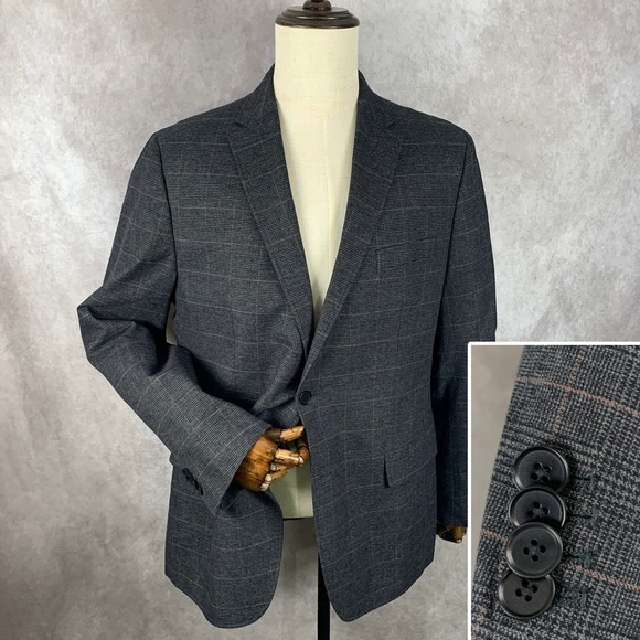 Banana Republic Blazer Jacket Men 44R Gray Windowpane Tailored Fit Sport Coat